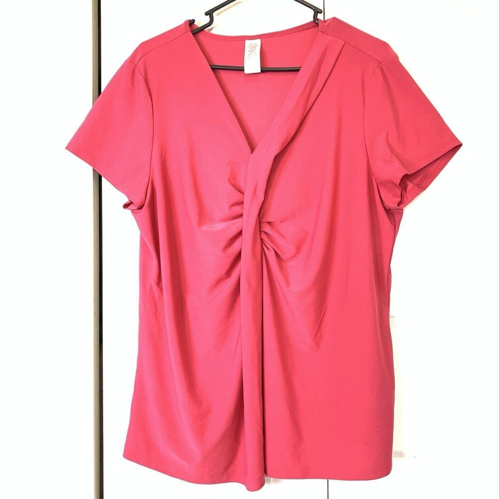 Vintage Jersey Knit Blouse Dark Pink 1X V-Neck Stretchy Office Barbie Core